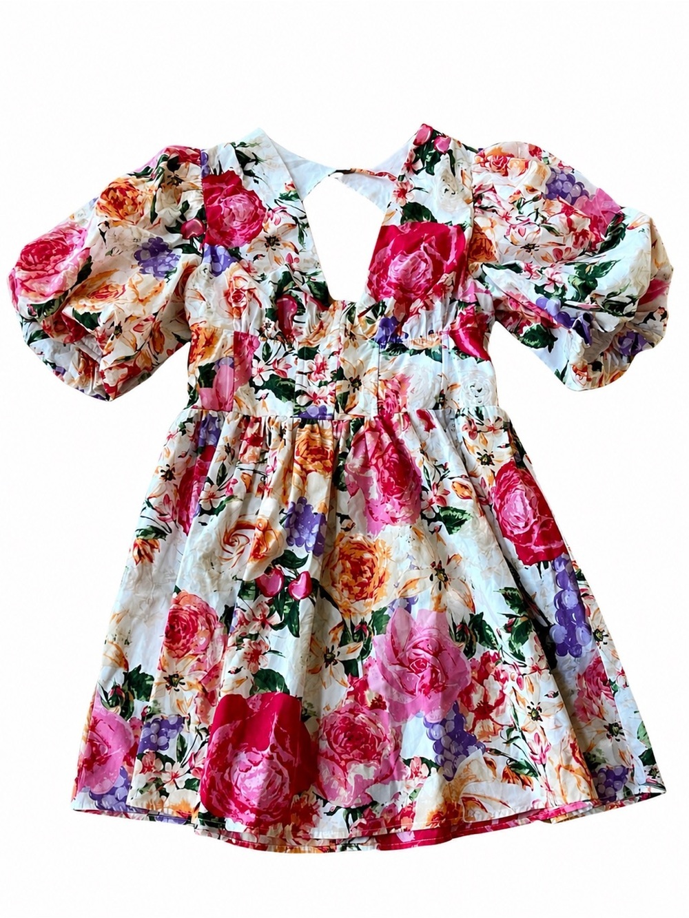 Buddy Love Floral Puff Sleeve Mini Dress L Cottagecore Scalloped Bust Boho